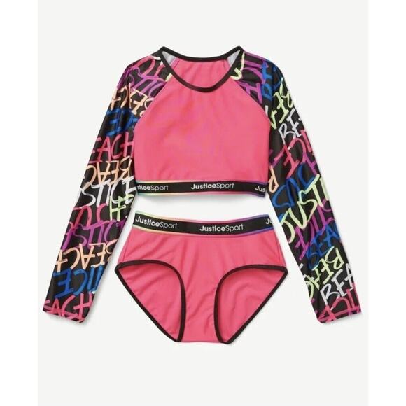 Justice Girl Rash Guard SET 3 Piece Sport Swimsuit UPF 50+ Size L (12/14) - Picture 1 of 7